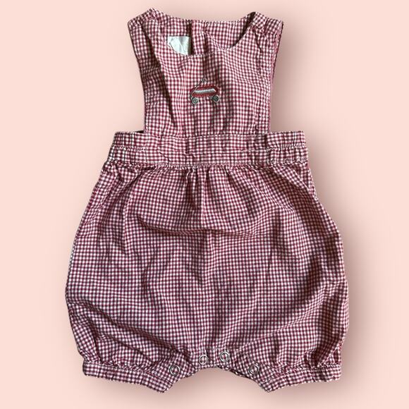 y2k 90s Vtg Baby Gap Bubble Overalls Romper Boys Red Gingham Plaid Wagon Newborn - Picture 1 of 4